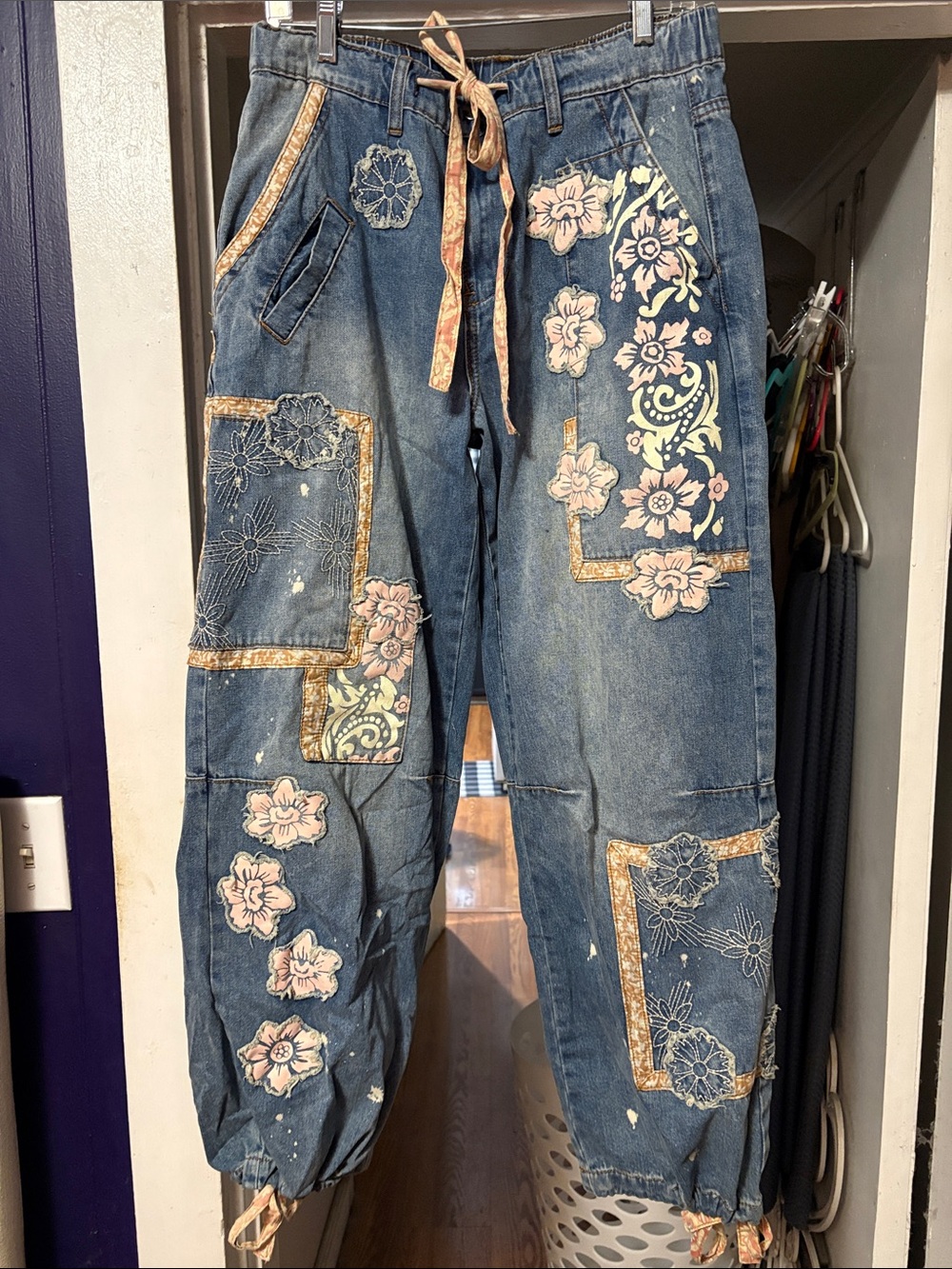Floral Patchwork Blue Women's Jeans with Drawstring